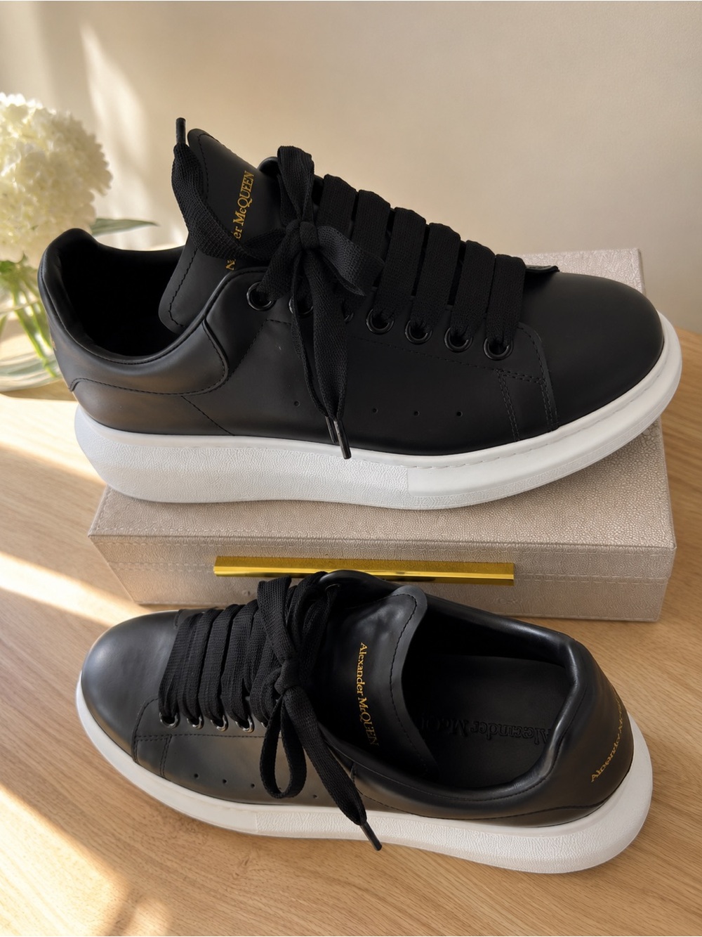 Alexander McQueen Black Leather Oversized Sneakers with White Platform
